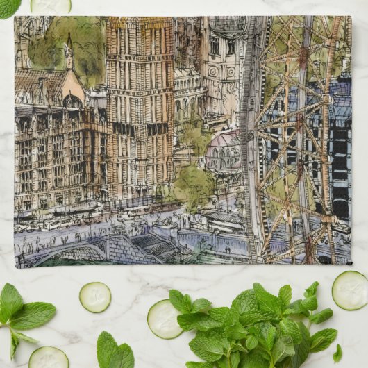 Bestemmingen | Waterverf Big Ben & London Eye Theedoek (Gevouwen)