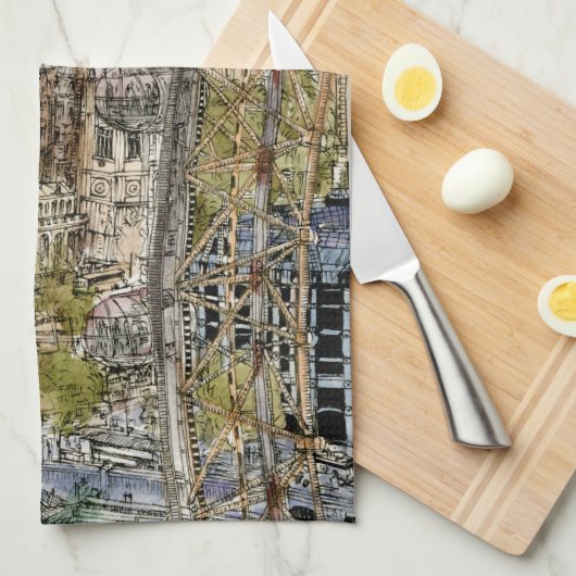 Bestemmingen | Waterverf Big Ben & London Eye Theedoek (Quarter Fold)