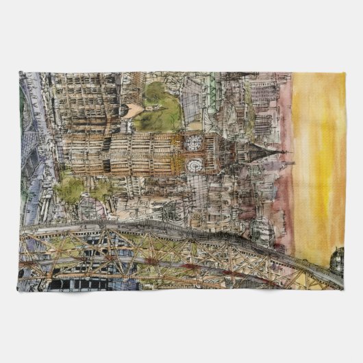 Bestemmingen | Waterverf Big Ben & London Eye Theedoek (Horizontaal)