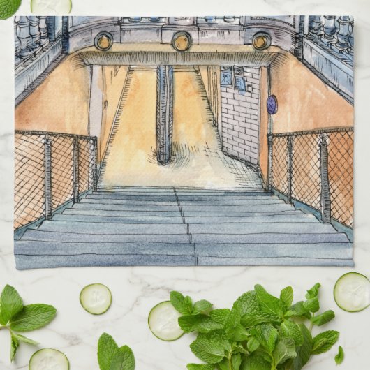 Bestemmingen | Waterverf  metro-ingang Theedoek (Gevouwen)