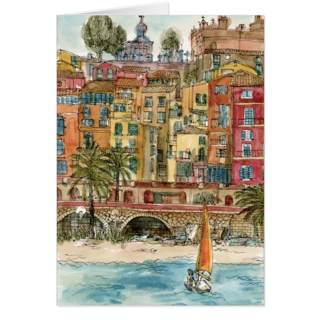 Bestemmingen | Waterverf strand en gebouwen (Voorkant)