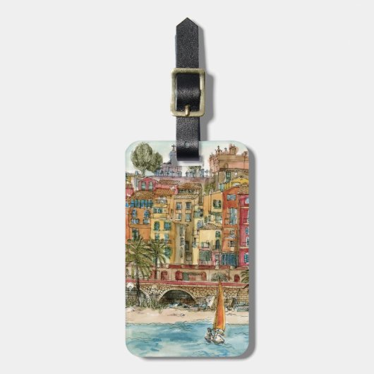 Bestemmingen | Waterverf strand en gebouwen Bagagelabel (Voorkant verticaal)