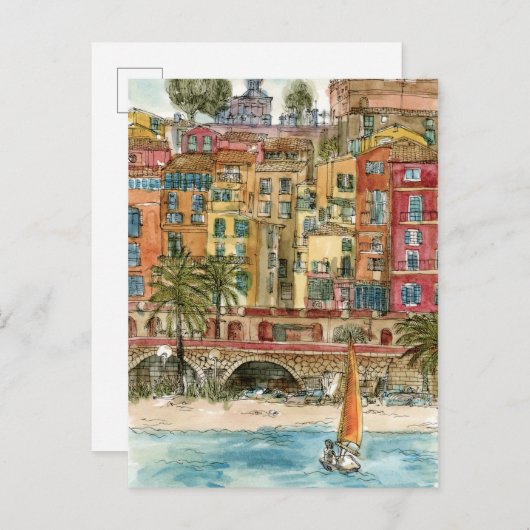 Bestemmingen | Waterverf strand en gebouwen Briefkaart (Voorkant / Achterkant)