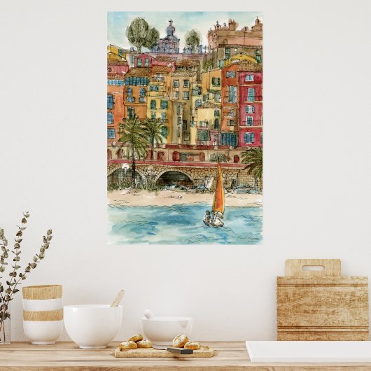 Bestemmingen | Waterverf strand en gebouwen Poster (Keuken)