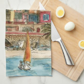 Bestemmingen | Waterverf strand en gebouwen Theedoek (Quarter Fold)