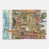 Bestemmingen | Waterverf strand en gebouwen Theedoek (Horizontaal)