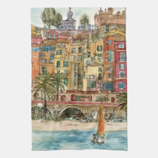 Bestemmingen | Waterverf strand en gebouwen Theedoek (Verticaal)