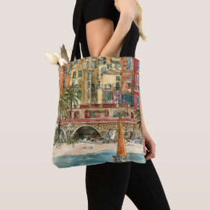 Bestemmingen Waterverf strand en gebouwen Tote Bag