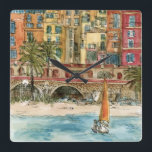 Bestemmingen | Waterverf strand en gebouwen Vierkante Klok<br><div class="desc">Een prachtig waterverf- en inktontwerp gemaakt door de briljante Melissa Wang, meegenomen door World Art Group. Op de voorgrond van dit stuk zien we een kleine zweefboot die net op zee een klein strand bedekt met een aantal voorwerpen, mensen en palmbomen. Deze scène zou in een enigszins heilige of religieuze...</div>