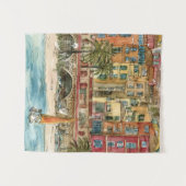 Bestemmingen | Waterverf strand en gebouwen Wandkleed (Voorkant (horizontaal))