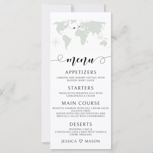 Bestemmings reisthema bruiloft wereldkaart menu's (Voorkant)