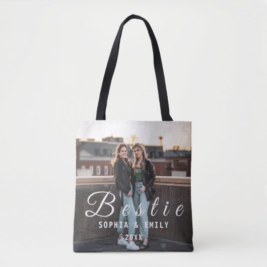 Bestie Photo Collage Tote Bag – Custom Names & Yea (Voorkant)