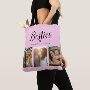 BESTIE Roze Fotocollage & Namen Tote Bag