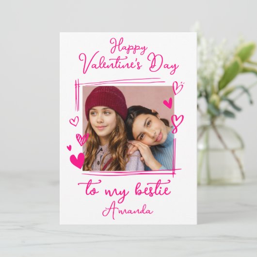 Bestie Valentijnsdag | Helroze één foto  Feestdagenkaart (Staand voorkant)