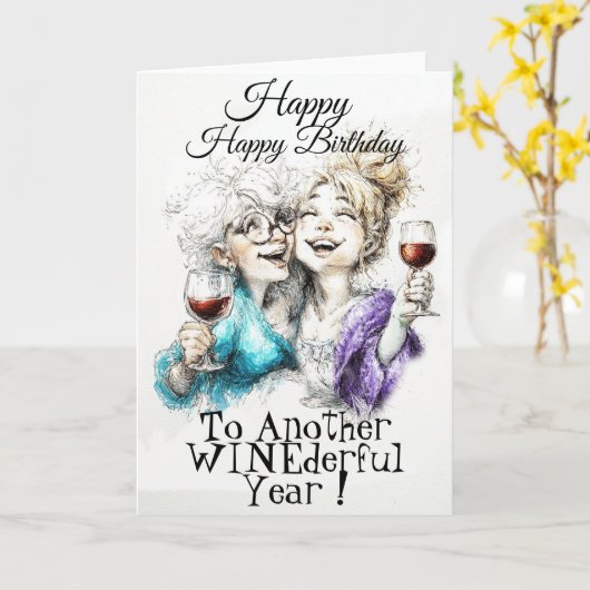 Bestie Wine Birthday  Kaart (Gele Bloem)