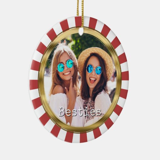 Besties 2 Foto Ronde met rode strepen Keramisch Ornament (Rechts)