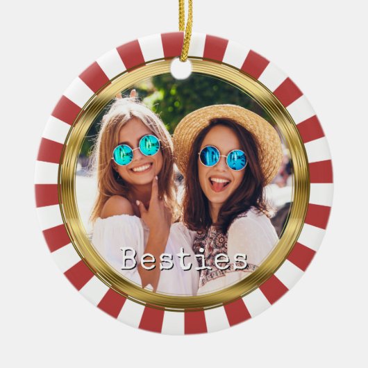 Besties 2 Foto Ronde met rode strepen Keramisch Ornament (Voorkant)