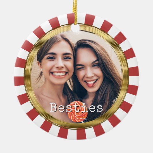 Besties 2 Foto Ronde met rode strepen Keramisch Ornament (Achterkant)