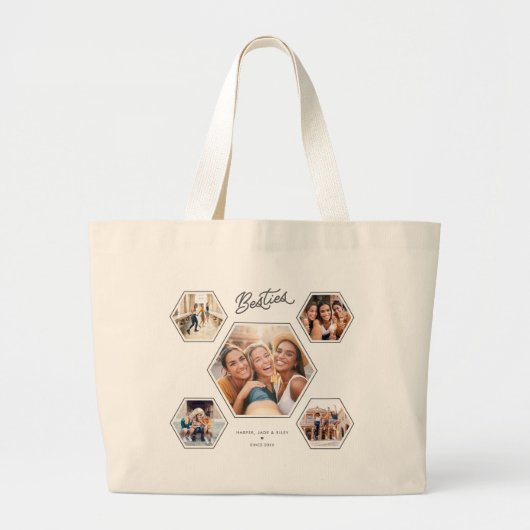 Besties 5 Photo Custom Collage Script Best Friends Grote Tote Bag (Voorkant)