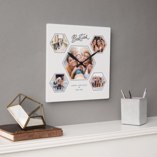 Besties 5 Photo Custom Collage Script Keepsake Vierkante Klok (Kantoor)