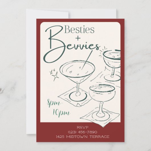 Besties + Bevvies Cocktail Party Invitation Kaart (Voorkant)