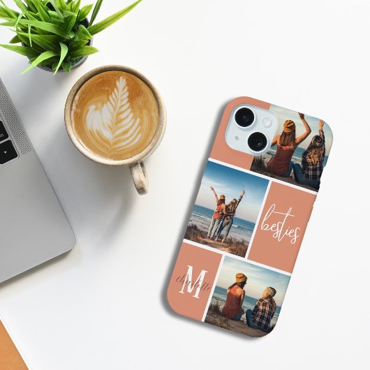 Besties Drie Foto Monogram Koraal Raster iPhone 15 Case