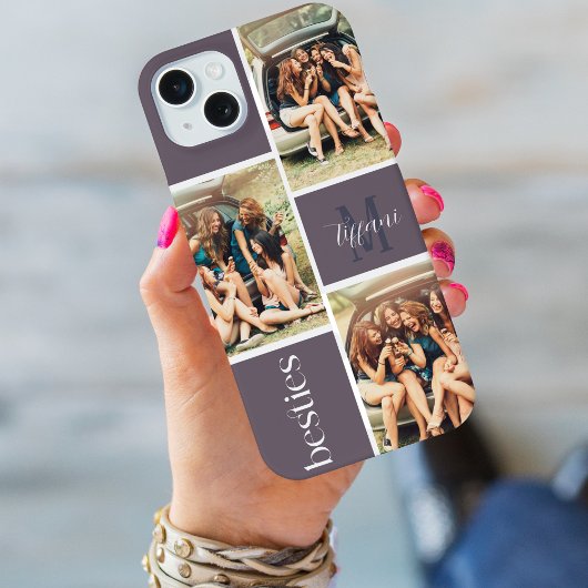 Besties Drie Foto Monogram Paarse Raster iPhone Hoesje