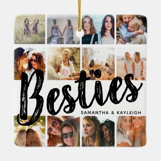 BESTIES, fotocollage en namen | Kerstmis BFF Keramisch Ornament (Achterkant)