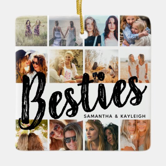 BESTIES, fotocollage en namen | Kerstmis BFF Keramisch Ornament (Voorkant)