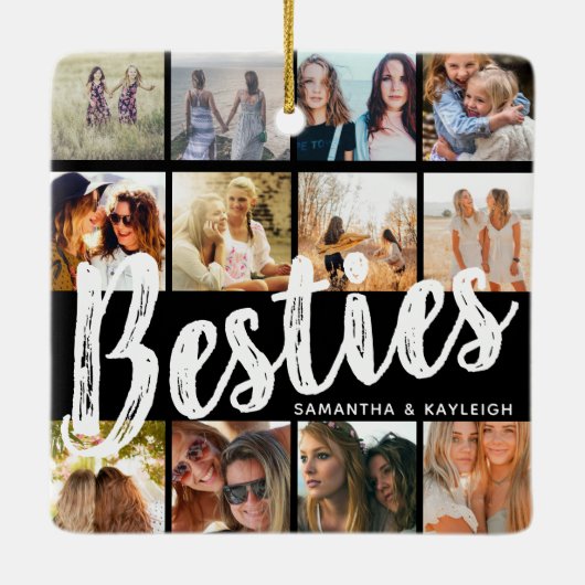 BESTIES, fotocollage en namen | Kerstmis BFF Keramisch Ornament (Achterkant)