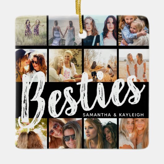 BESTIES, fotocollage en namen | Kerstmis BFF Keramisch Ornament (Voorkant)