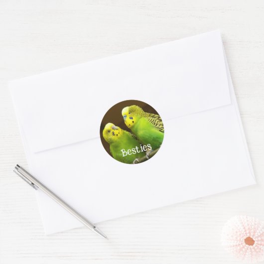 Besties Green and Yellow Parakeets Ronde Sticker (Envelop)