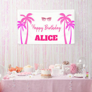 Besties Malibu Pink Doll Beach Verjaardag Spandoek