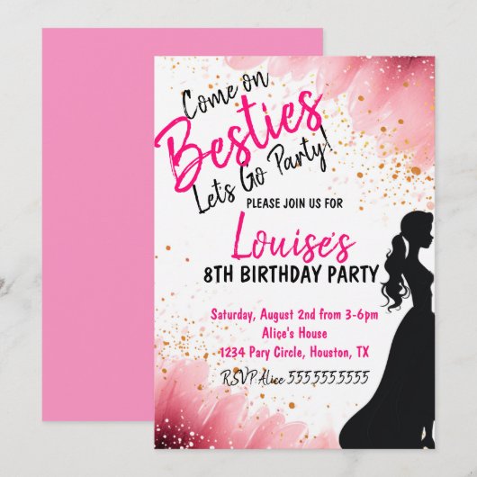 Besties Pop Roze Glitter Party Verjaardag Kaart (Voorkant / Achterkant)