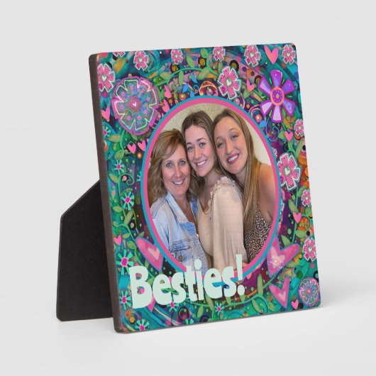 Besties  Roze Bloemen Foto Gepersonaliseerd Fotoplaat (Voorkant)