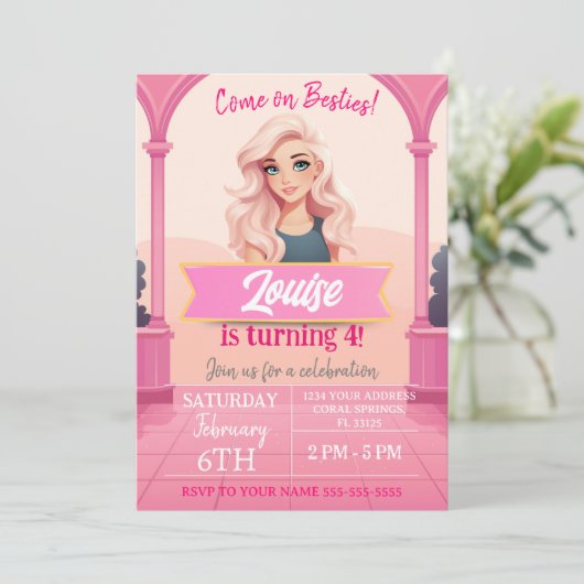 Besties roze pop verjaardag kaart (Staand voorkant)