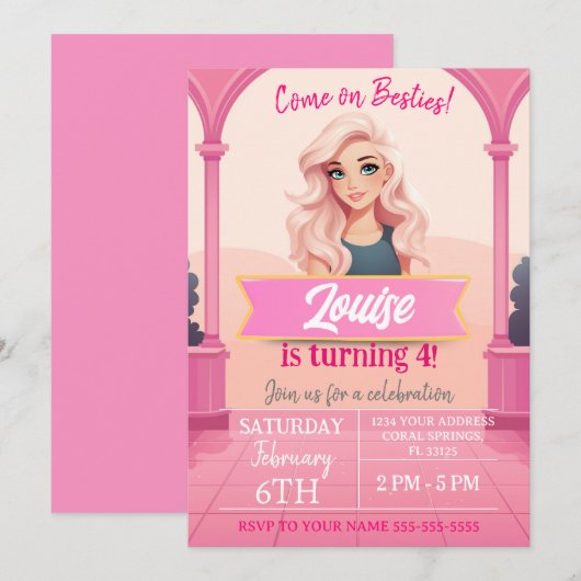 Besties roze pop verjaardag kaart (Voorkant / Achterkant)