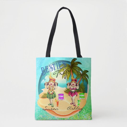 Besties trip zomer strand blauw gepersonaliseerd tote bag (Voorkant)