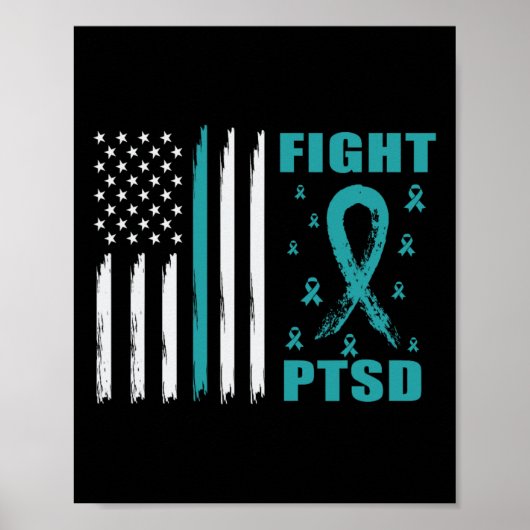 Bestrijd PTSS Blauwgroen lint en vlag Poster (Voorkant)