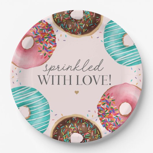 Bestrooid Donut Baby Sprinkle Party Tafeldecor Papieren Bordje (Voorkant)