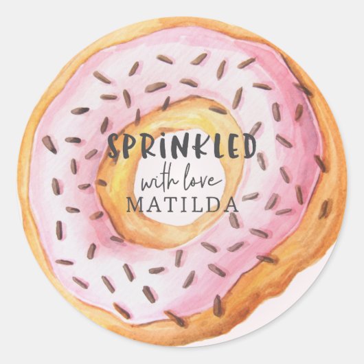 Bestrooid met liefde girly roze donut baby shower ronde sticker (Voorkant)