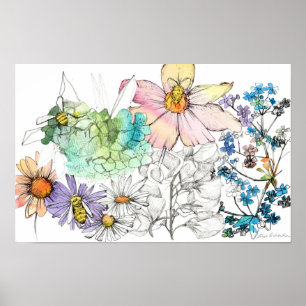 Bestuiver Waterverf Bloemen Honingbijen Handgeteke Poster