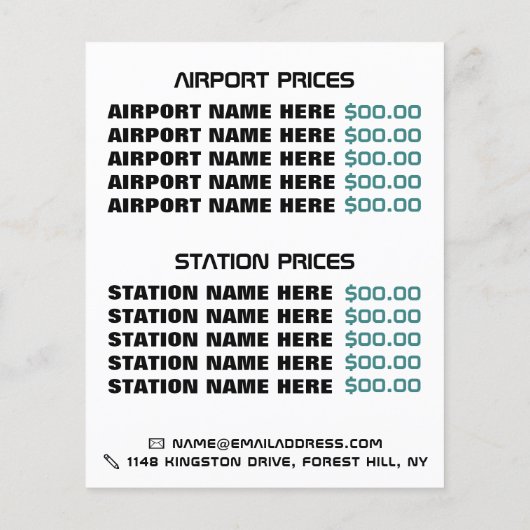 Bestuurder, taxi cab bedrijf met prijslijst flyer (Achterkant)