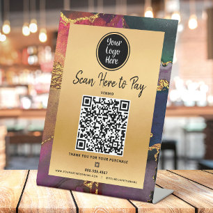 Betaal hier QR Code Logo Gold Paarse Navy Agaat Reclamebord Met Voetstuk