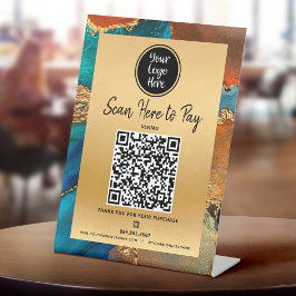 Betaal hier QR-code logo goud turquoise oranje aga Reclamebord Met Voetstuk