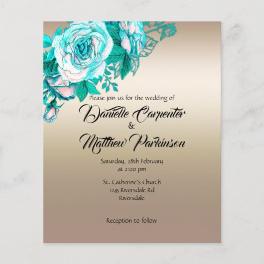 Betaalbaar Goud en Turquoise Rozen Bruiloft uitnod Flyer (Voorkant)