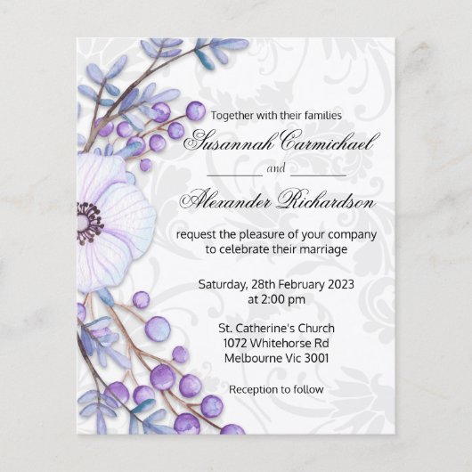 Betaalbare Damast en Paarse Botanische Bruiloft Flyer (Voorkant)