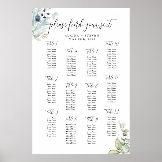 Betaalbare Dusty Blue Wedding Seating Chart Poster (Voorkant)