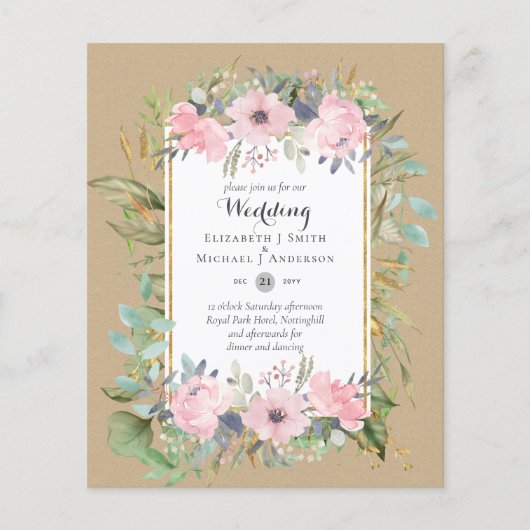 Betaalbare Roze Blush Roze Bloemige Trouwbudget Flyer (Voorkant)