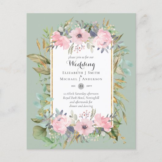 Betaalbare Roze Blush Roze Bloemige Trouwbudget Flyer (Voorkant)